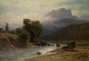 Crossing a river in the Caucasus Mountains